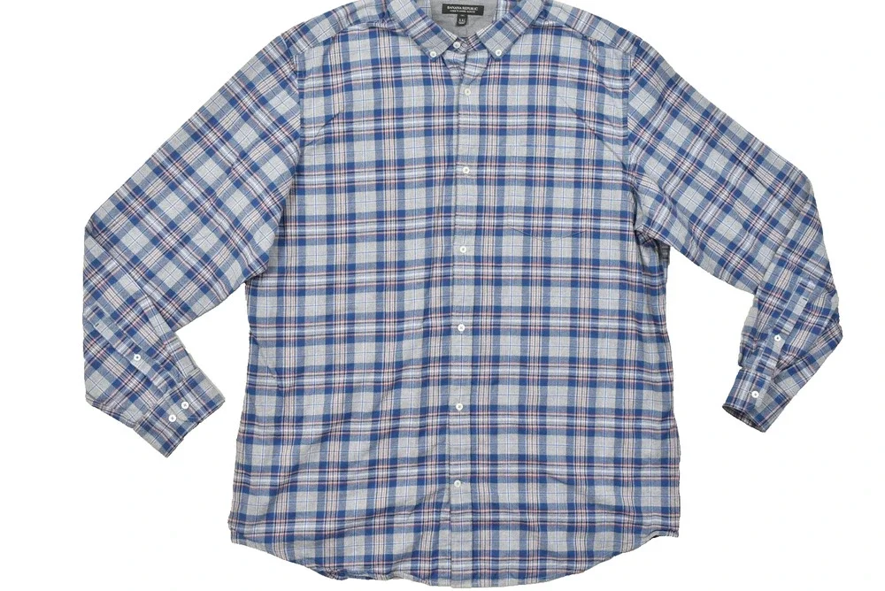 Banana Republic Luxe Flannel Slim Fit Shirt Mens XXL Tall Blue Gray Plaid Long S
